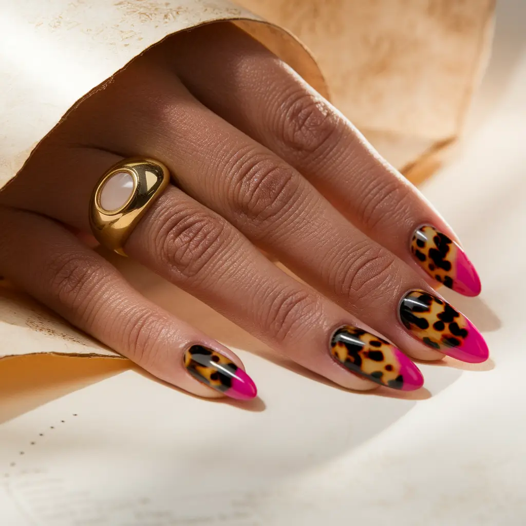 nail trends for fall 2025 Hot Pink and Tortoiseshell Almond Nails