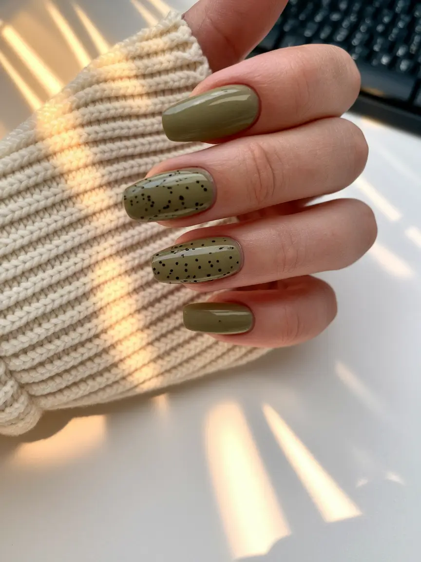 nail trends for fall 2025 Olive Green and Speckled Short Nails