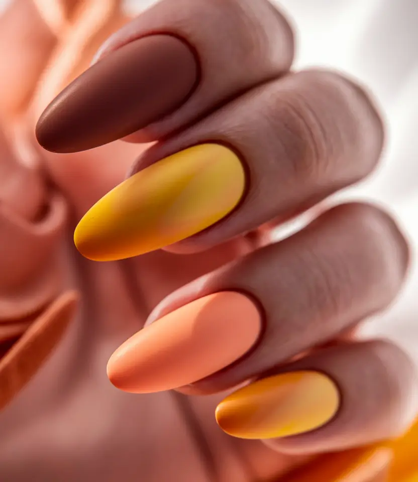 nail trends for fall 2025 Matte Autumn Ombre Almond Nails