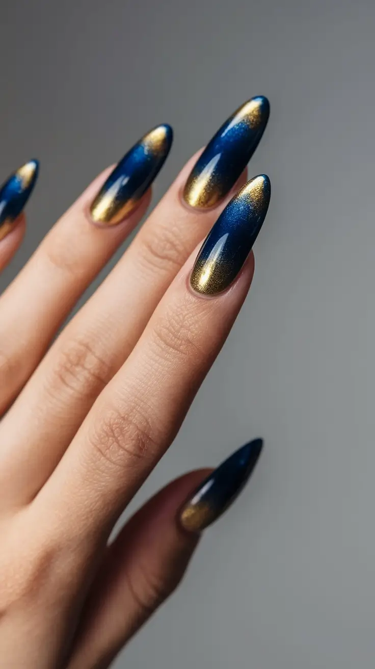 nail trends for fall 2025 Midnight Gold Chrome Oval Nails