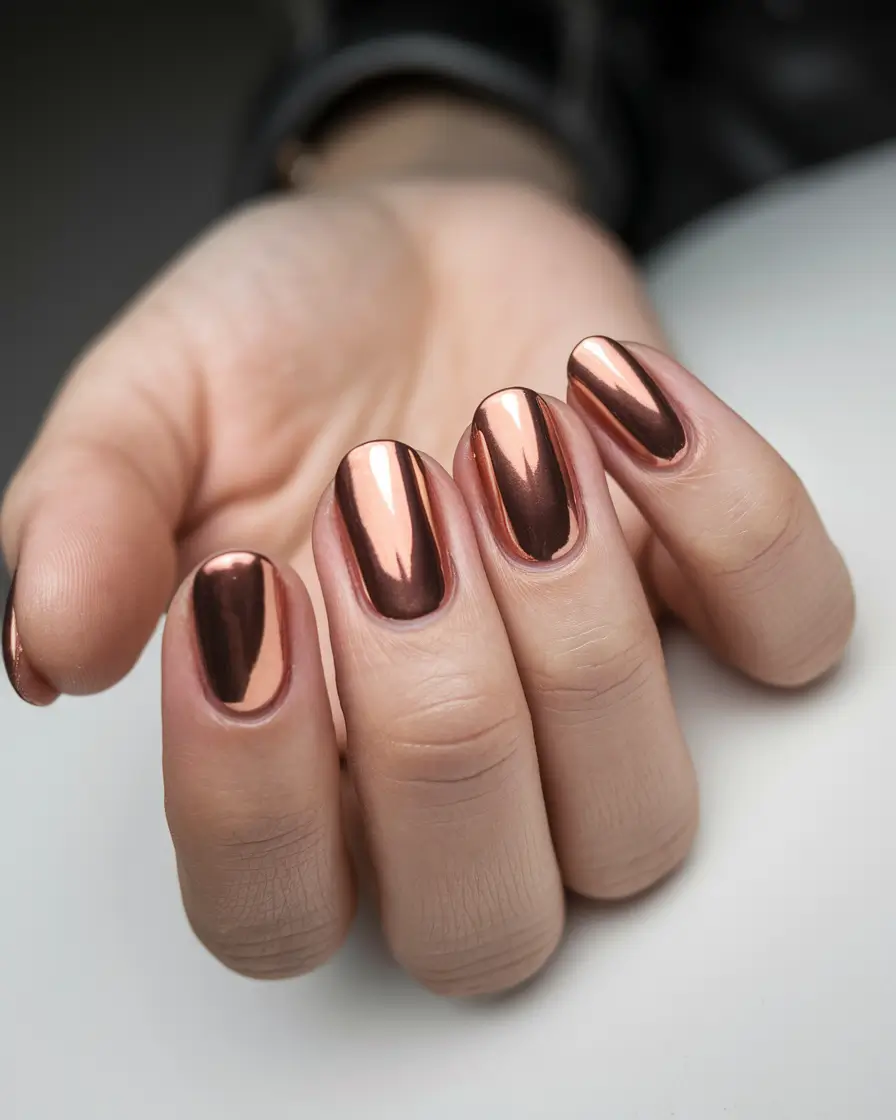 nail trends for fall 2025 Molten Copper Chrome Square Nails