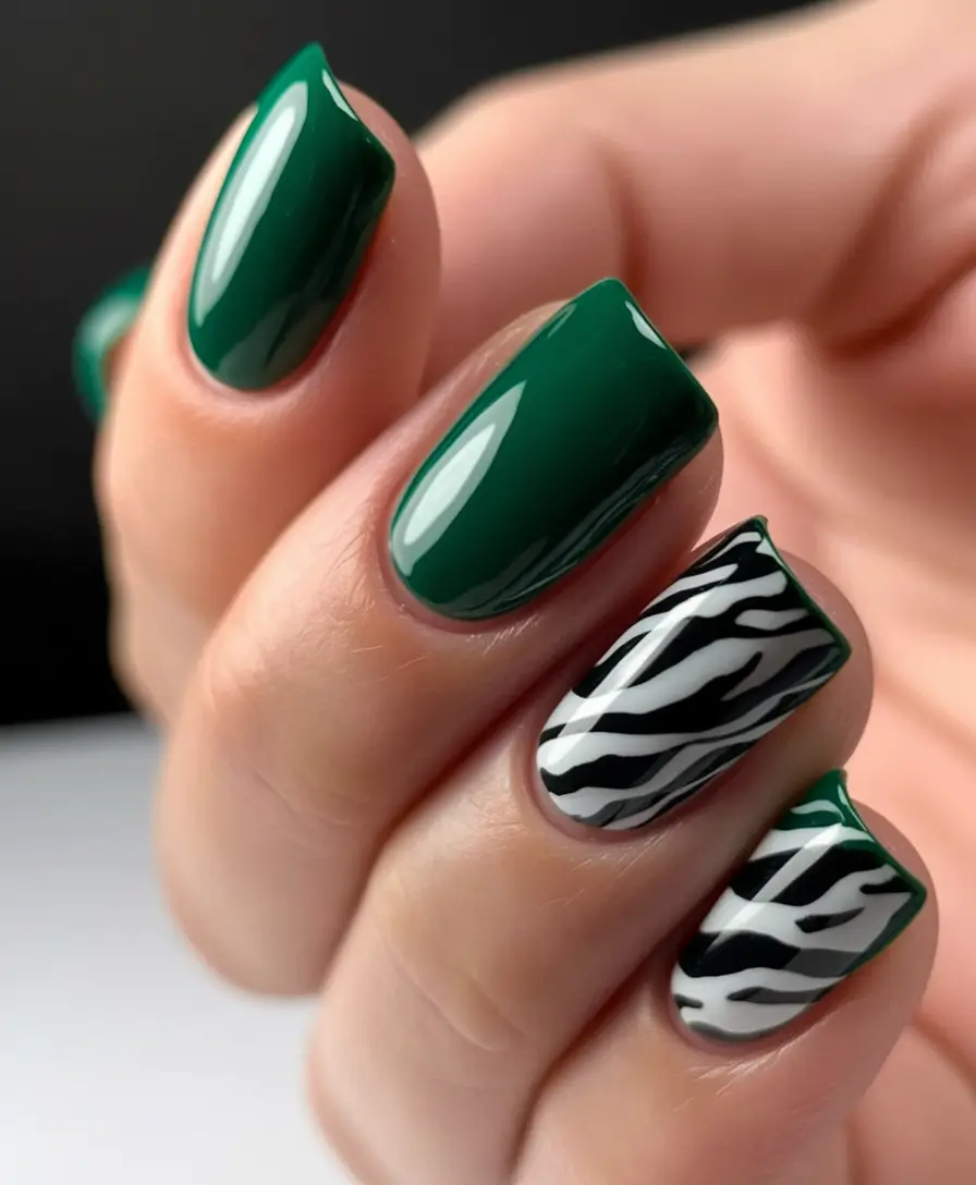 nail trends for fall 2025 Deep Green and Zebra Short Square Nails