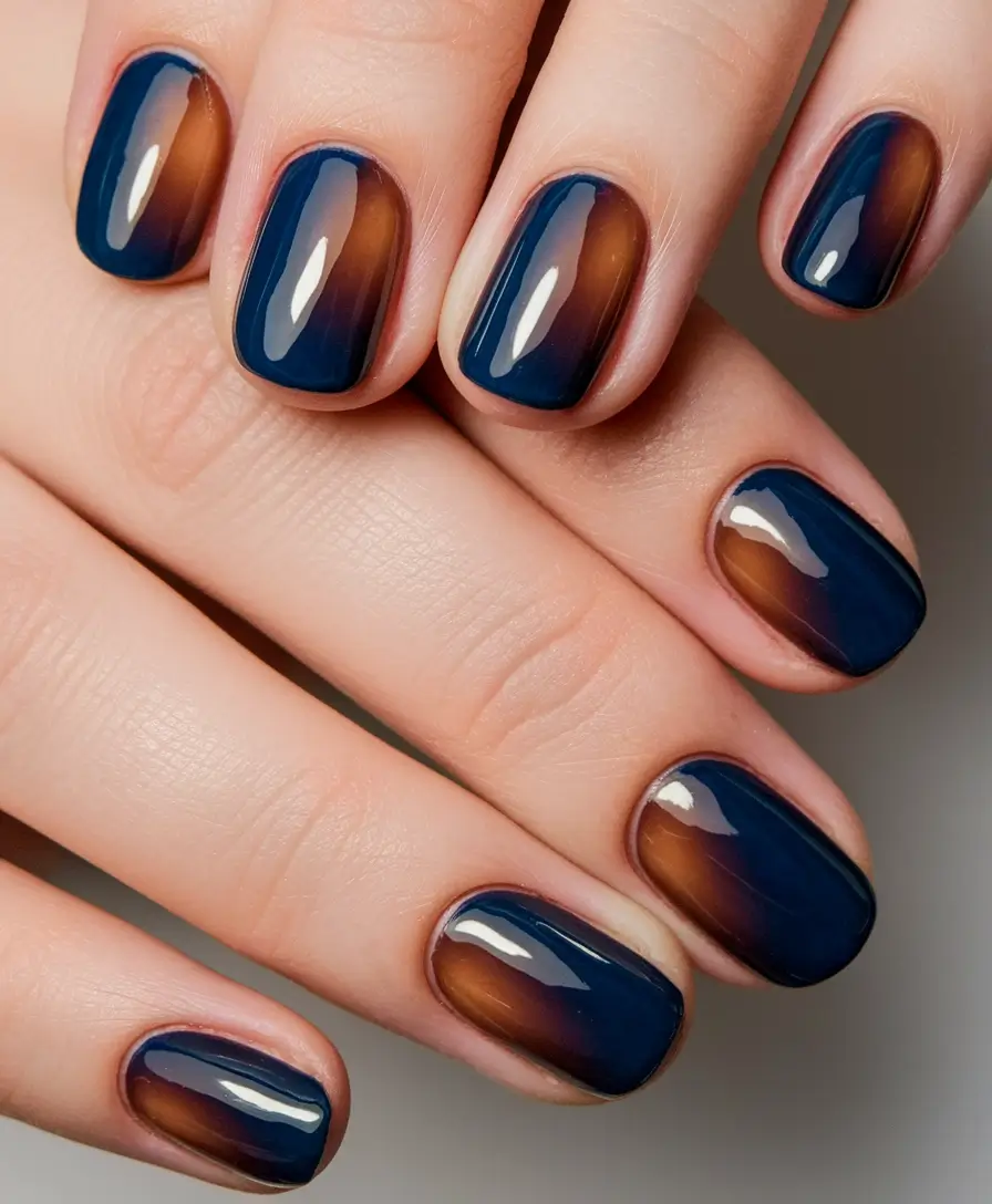 nail trends for fall 2025 Smoky Amber and Navy Short Nails