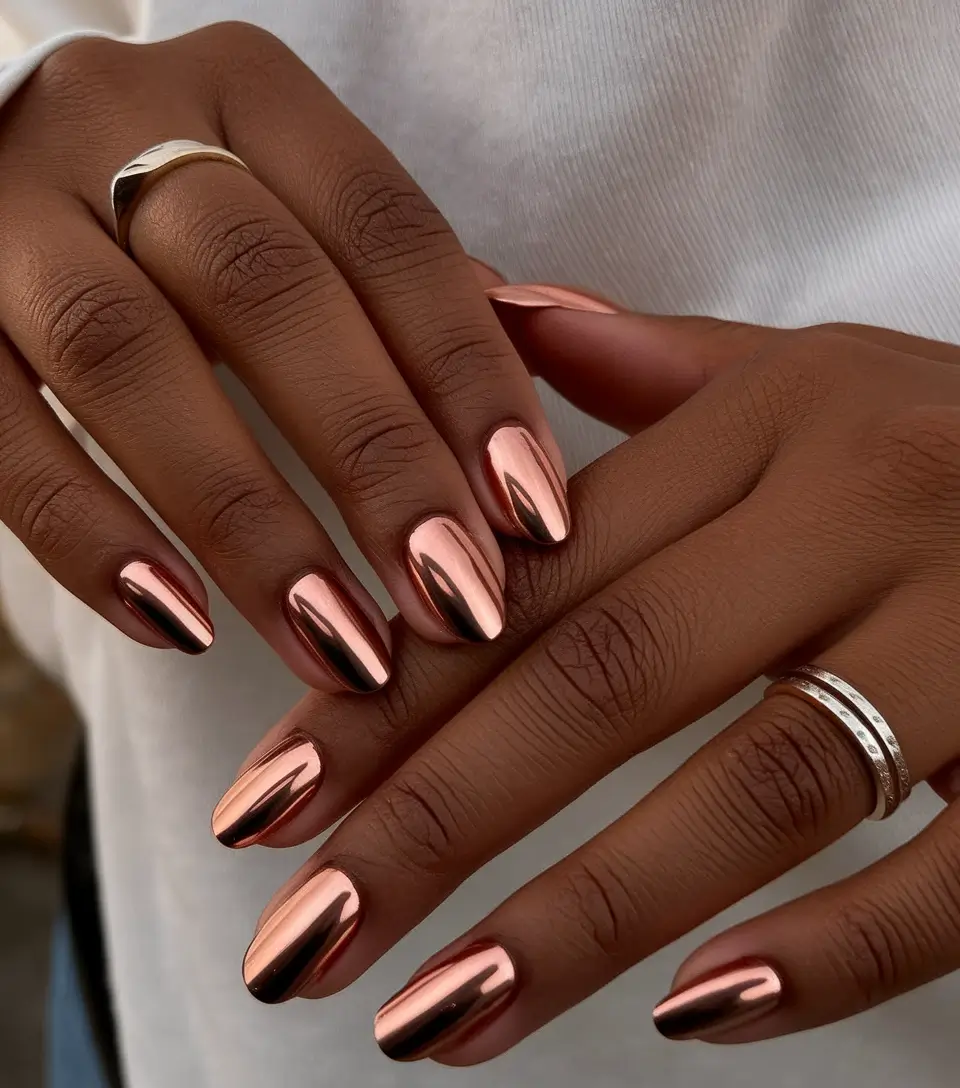 nail trends for fall 2025 Rose Gold Chrome Oval Nails