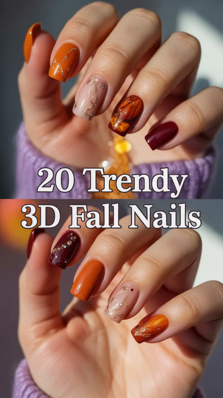 Trendy 3D Fall Nails 2025: Stunning Designs with Leaves and Gel Art