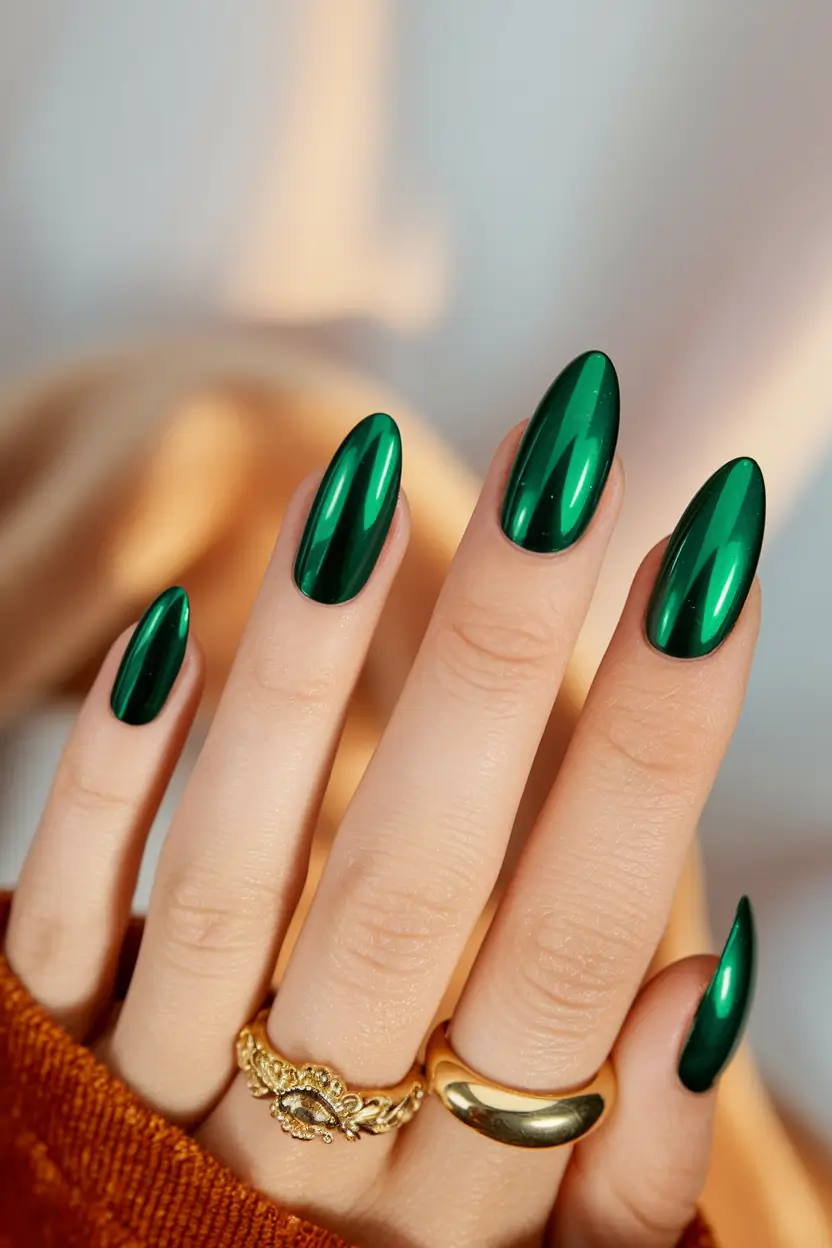 Shiny Fall Chrome Nails 2025 Emerald Chrome Almond Elegance