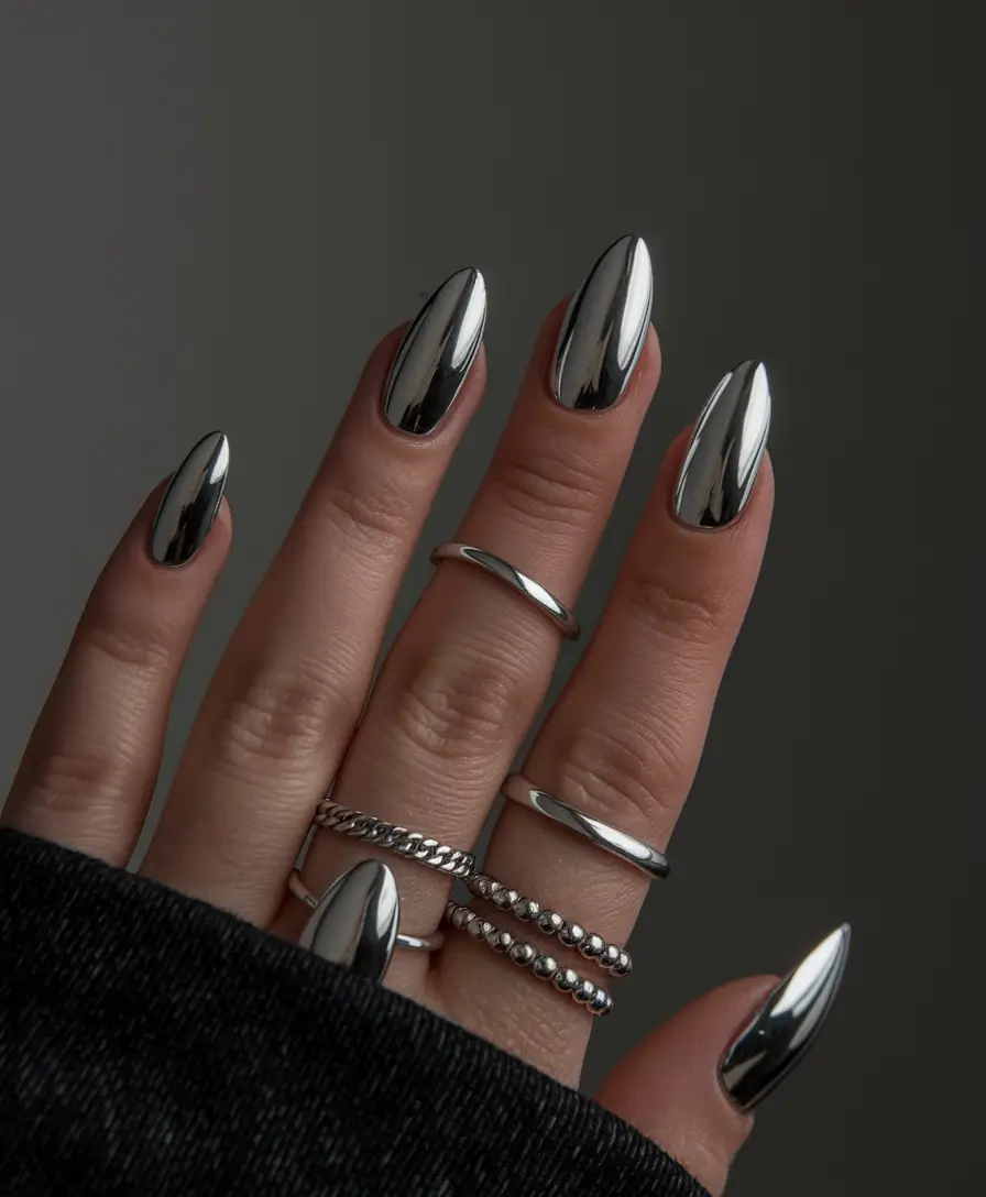 Shiny Fall Chrome Nails 2025 Mirror Silver Chrome Almond Drama