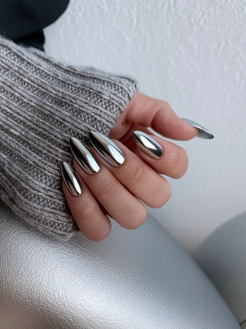 Shiny Fall Chrome Nails 2025 Frosted Silver Chrome Almond Shine