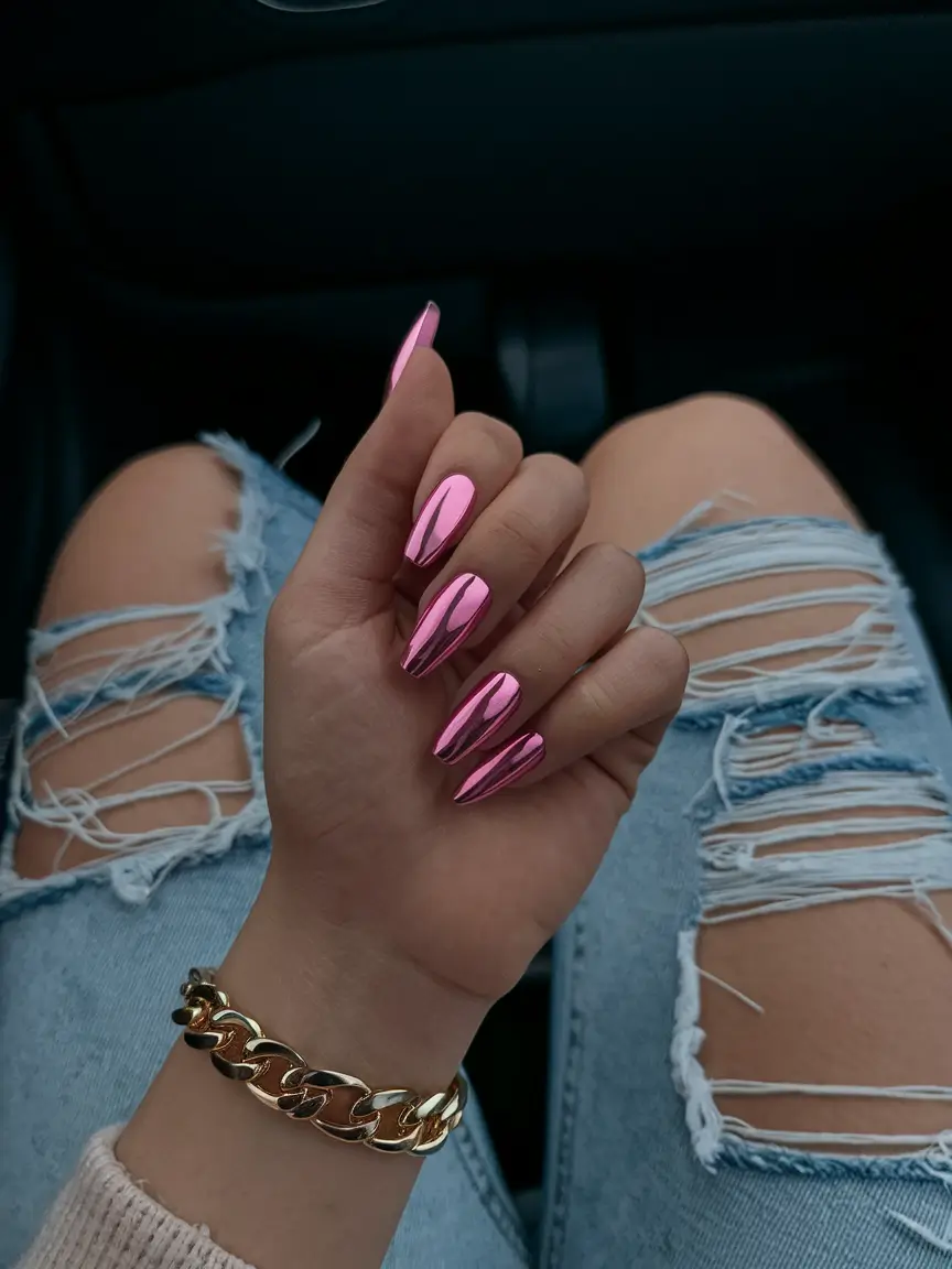 Shiny Fall Chrome Nails 2025 Hot Pink Chrome Stiletto Energy