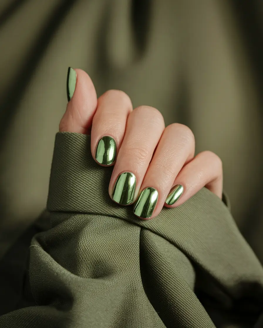 Shiny Fall Chrome Nails 2025 Olive Chrome Short Square Sophistication