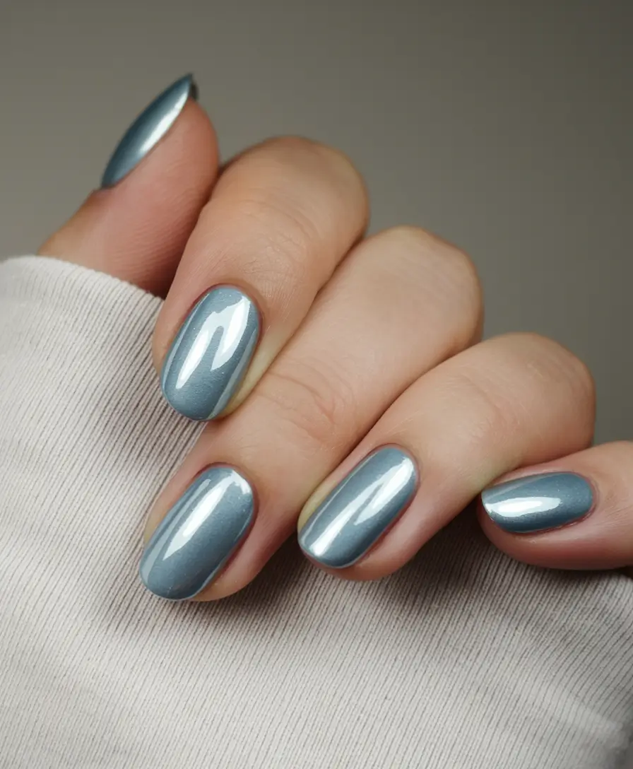Shiny Fall Chrome Nails 2025 Steel Blue Chrome Oval Calm