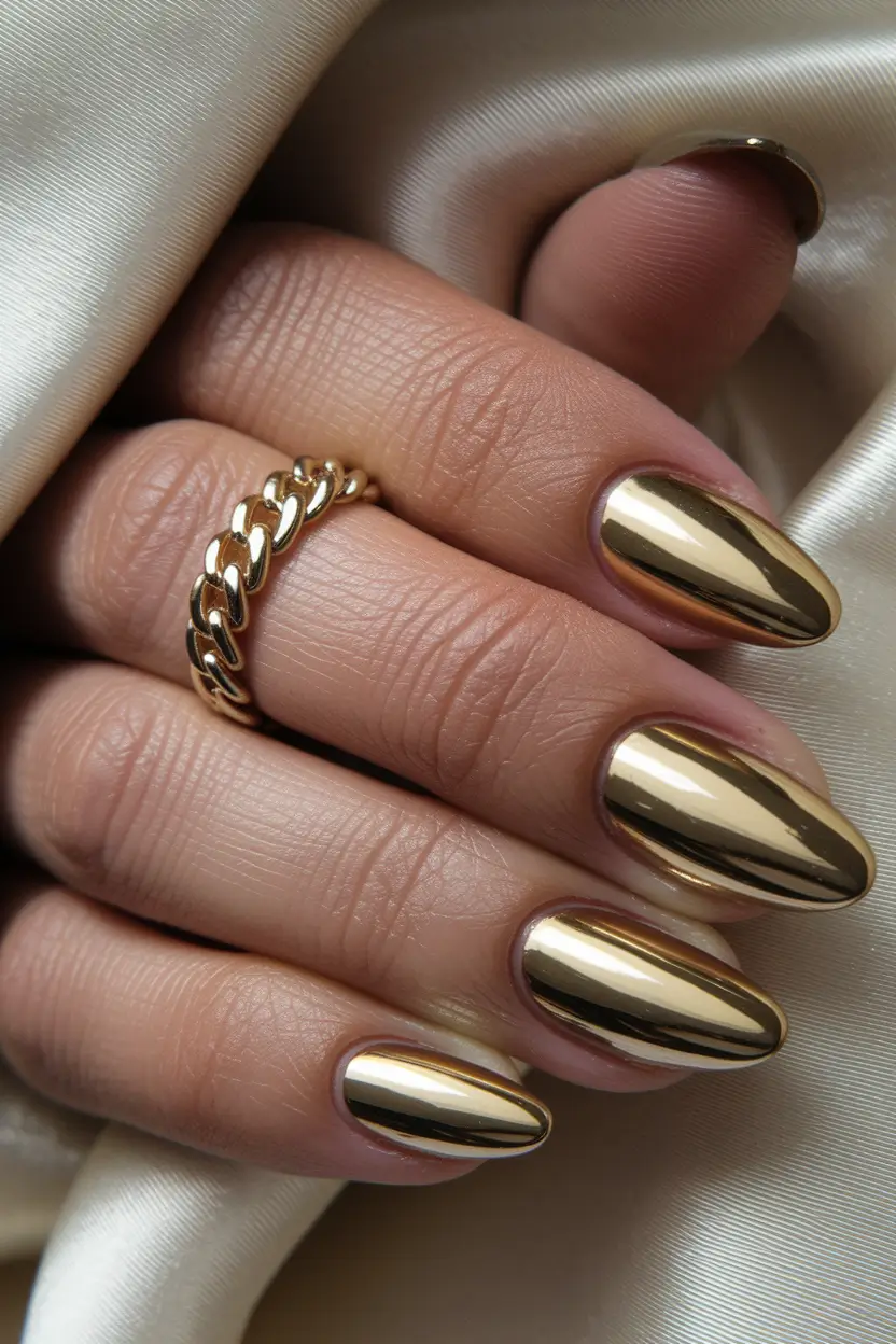 Shiny Fall Chrome Nails 2025 Golden Chrome Oval Luxe