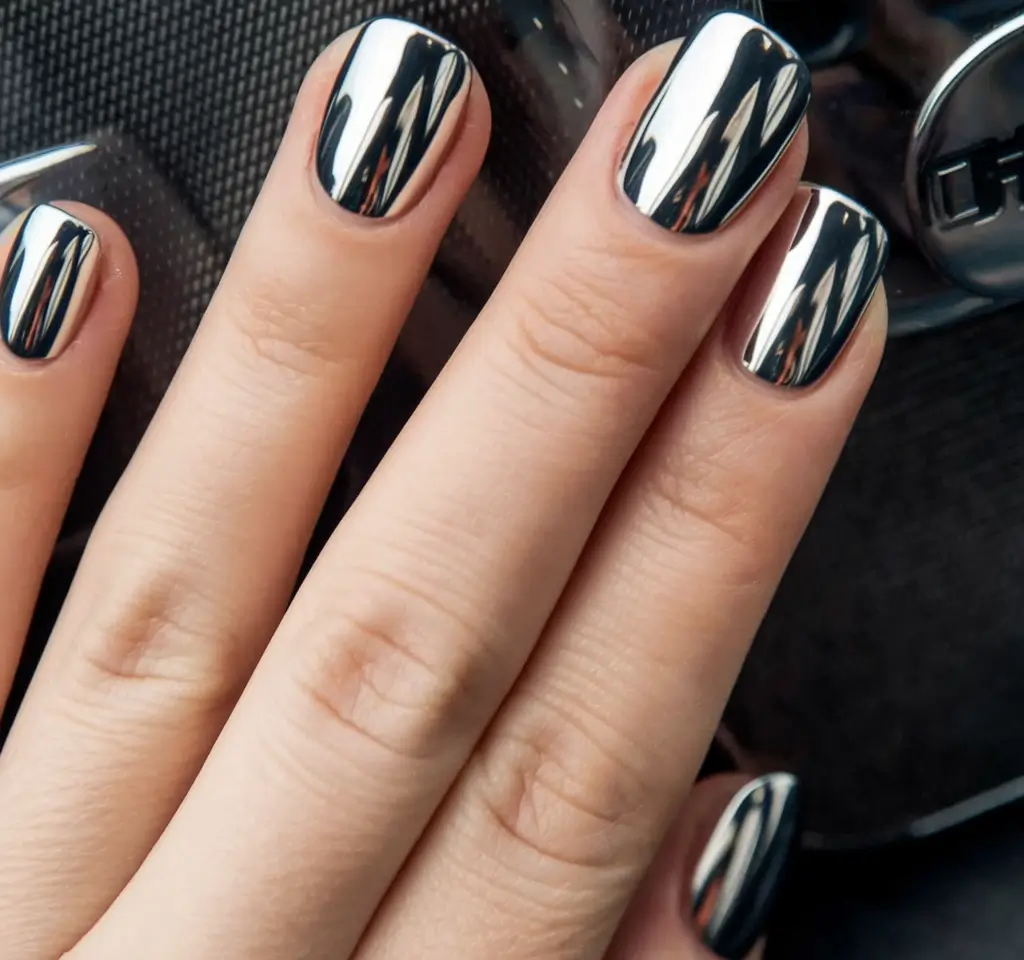 Shiny Fall Chrome Nails 2025 Short Silver Chrome Minimalism