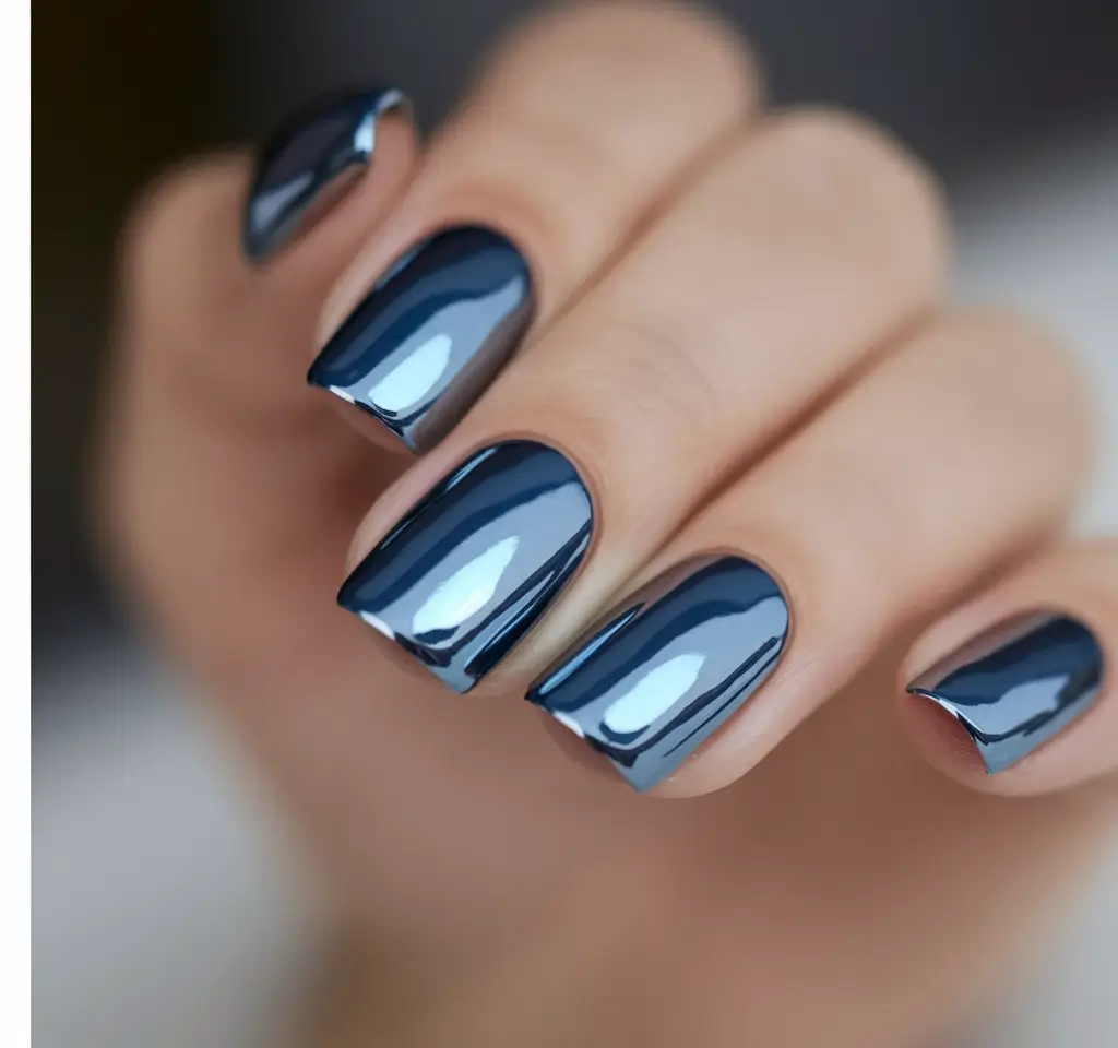 Shiny Fall Chrome Nails 2025 Blue Chrome Square Chic