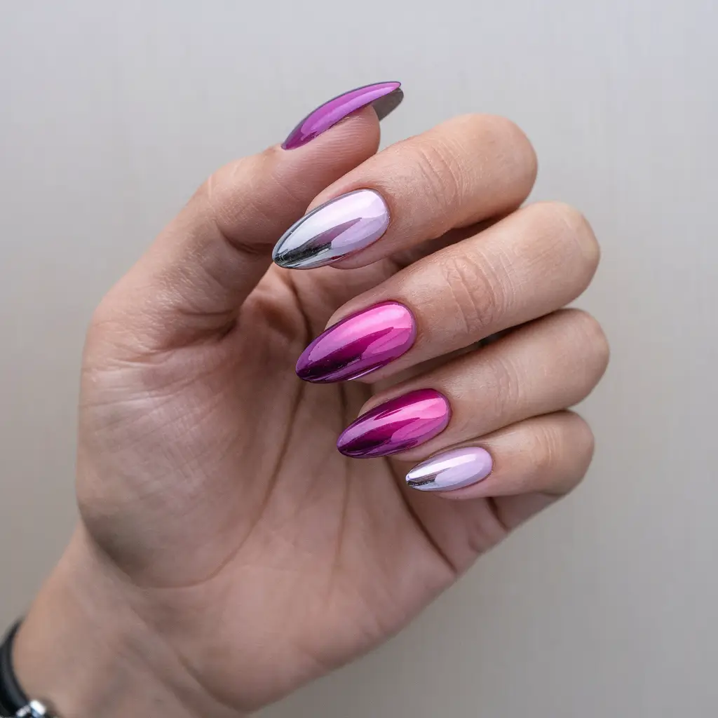 Shiny Fall Chrome Nails 2025 Pink and Silver Chrome Gradient