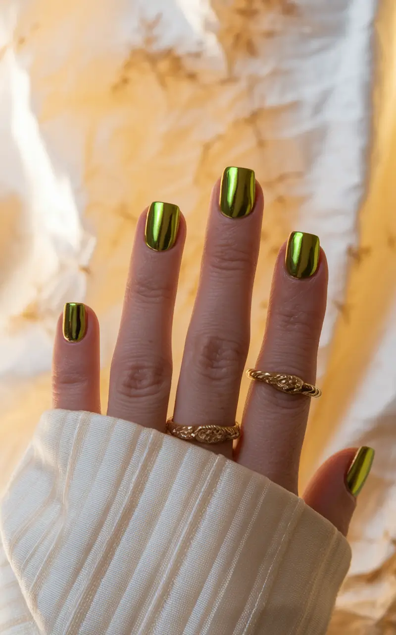Shiny Fall Chrome Nails 2025 Lime Chrome Short Square Freshness