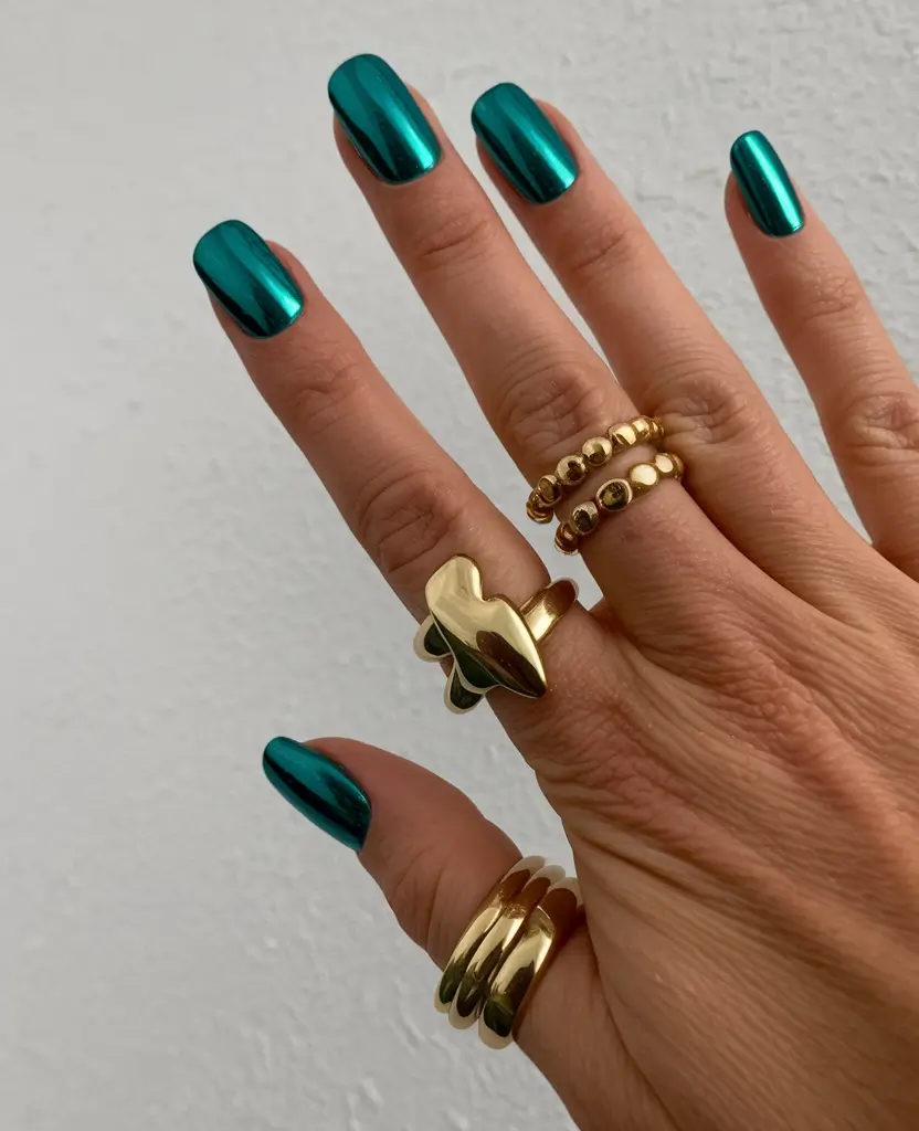 Shiny Fall Chrome Nails 2025 Emerald Chrome Square Boldness