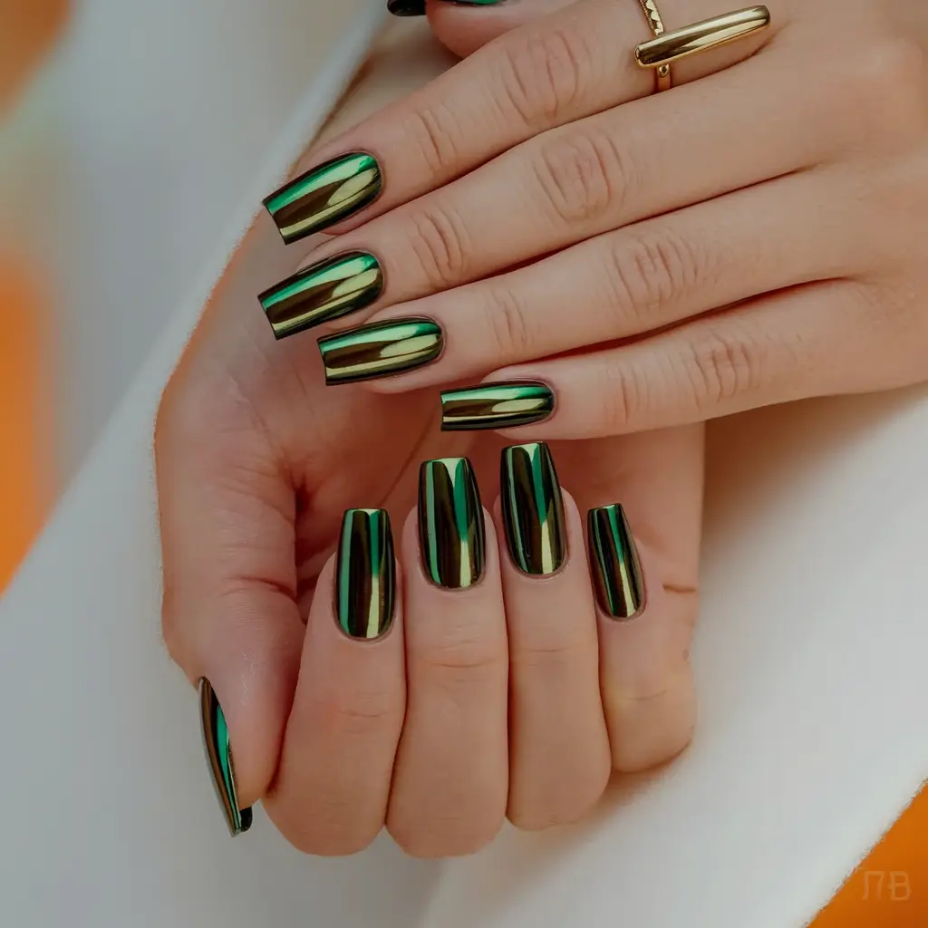 Shiny Fall Chrome Nails 2025 Green Chrome Square Drama
