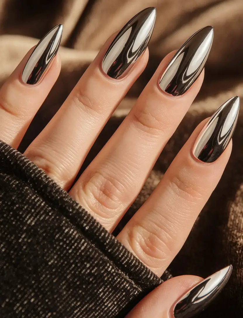 Shiny Fall Chrome Nails 2025 Silver Chrome Almond Sharpness