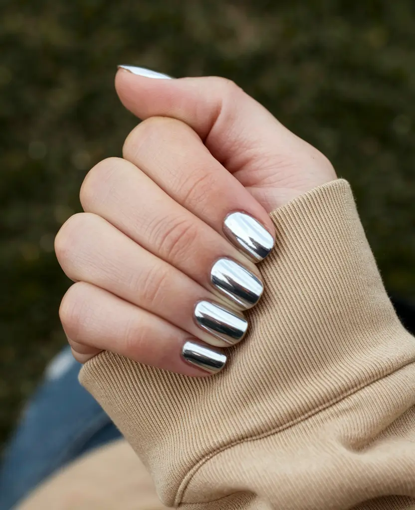 Shiny Fall Chrome Nails 2025 Short Silver Chrome Ease