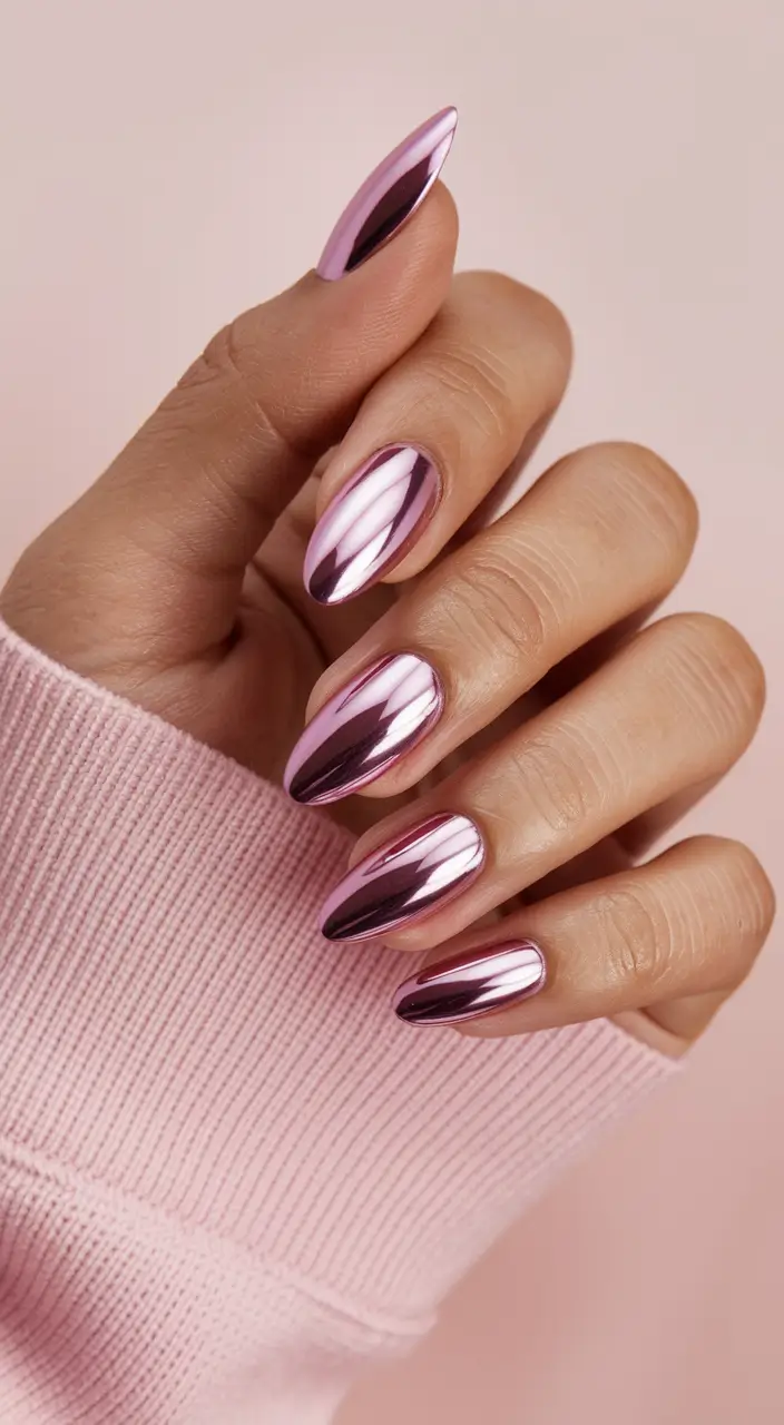 Shiny Fall Chrome Nails 2025 Soft Pink Chrome Almond Glow