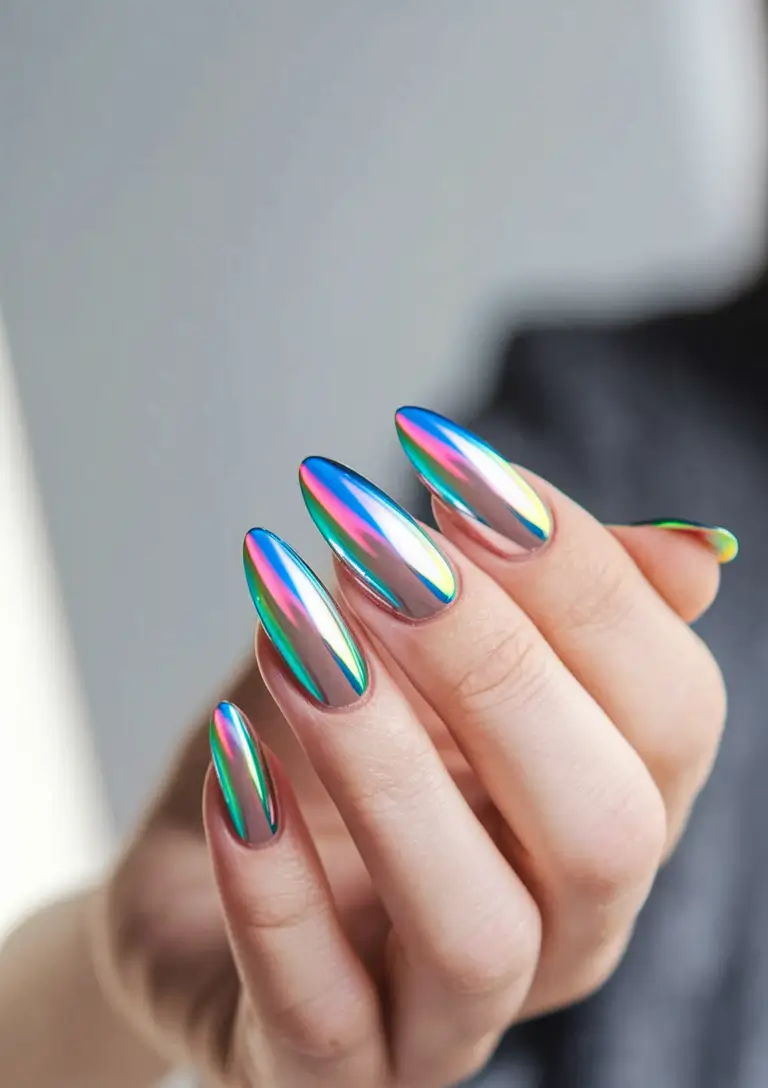 Shiny Fall Chrome Nails 2025 Rainbow Chrome Almond Spectrum
