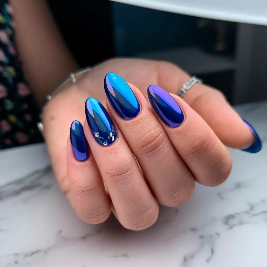 Shiny Fall Chrome Nails 2025 Blue Chrome Almond Sophistication