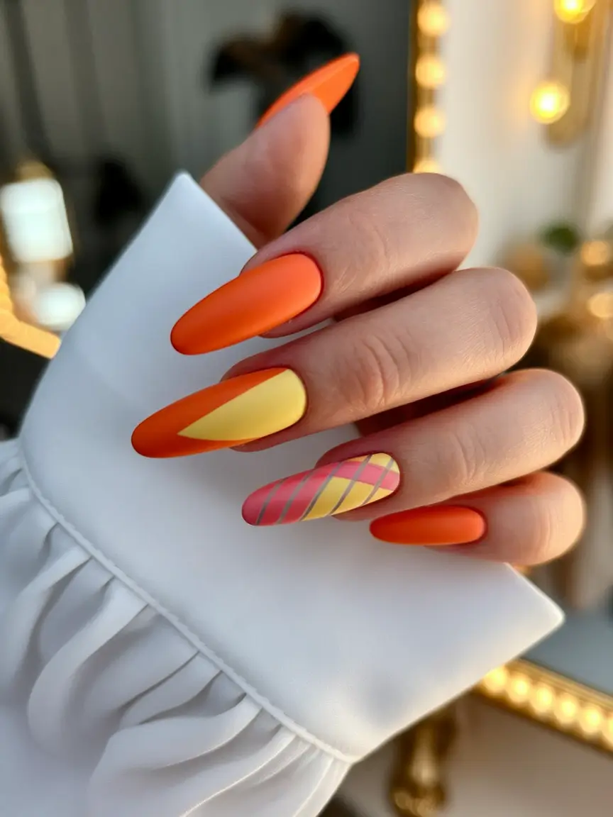 Short and Long Fall Acrylic Nails Ideas 2025 Playful Citrus with a Pop of Plaid