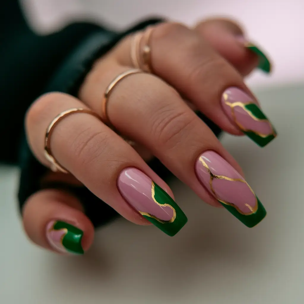 Short and Long Fall Acrylic Nails Ideas 2025 Square Tips with Pink and Green Marble Swirls