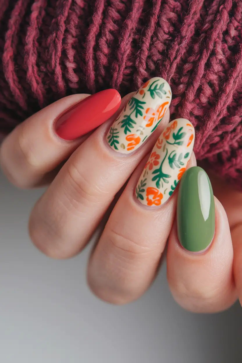 Short and Long Fall Acrylic Nails Ideas 2025 Botanical Hand-Painted Fall Florals