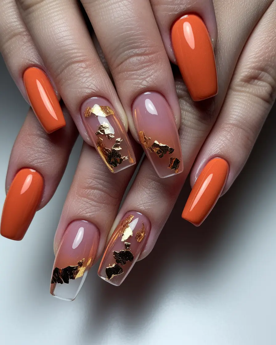 Short and Long Fall Acrylic Nails Ideas 2025 Gilded Orange Ombre with Foil