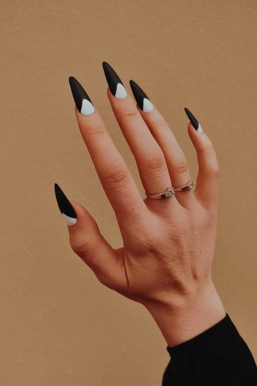 Short and Long Fall Acrylic Nails Ideas 2025 Matte Black and White Graphic Stillettos