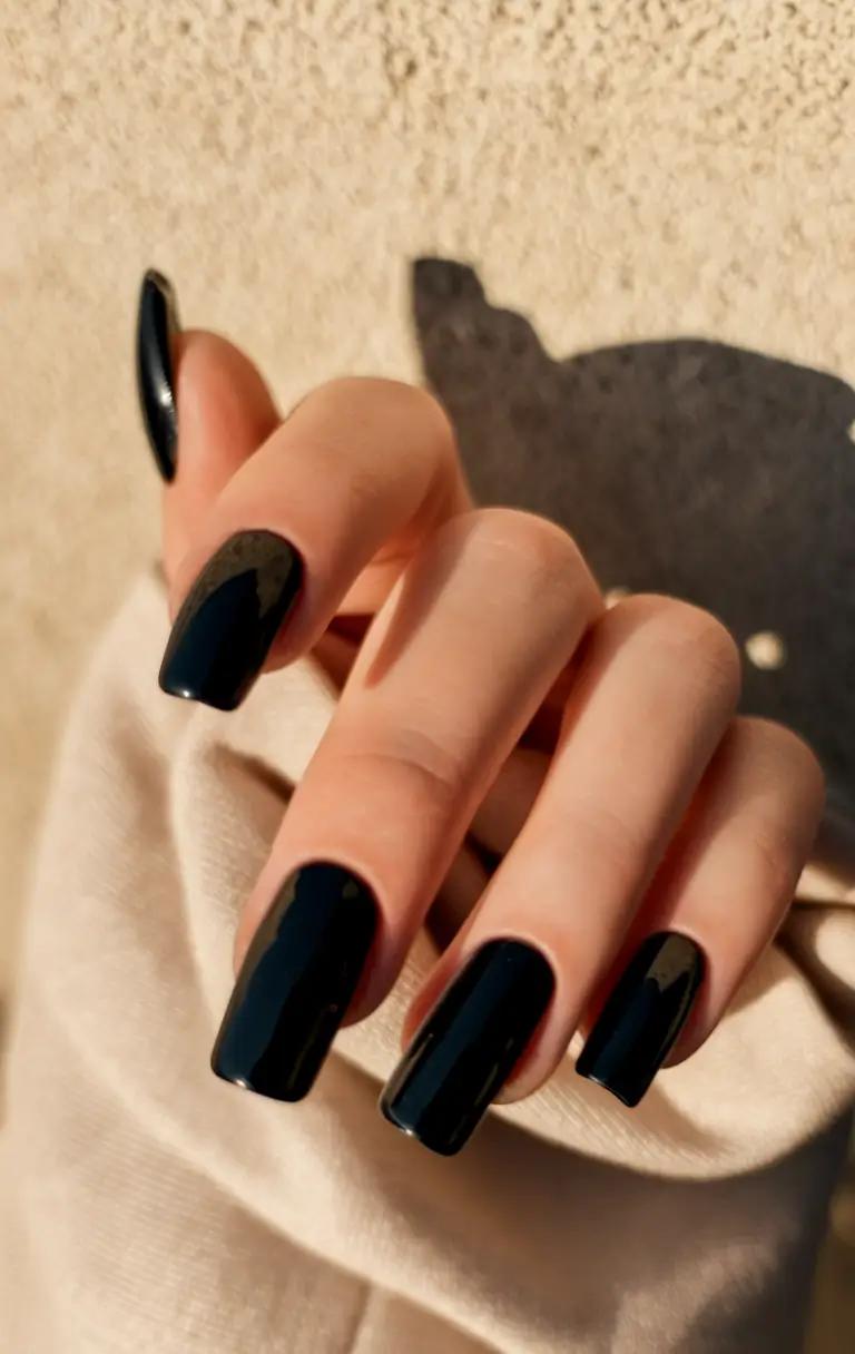 Short and Long Fall Acrylic Nails Ideas 2025 Glossy Jet Black Coffin Set