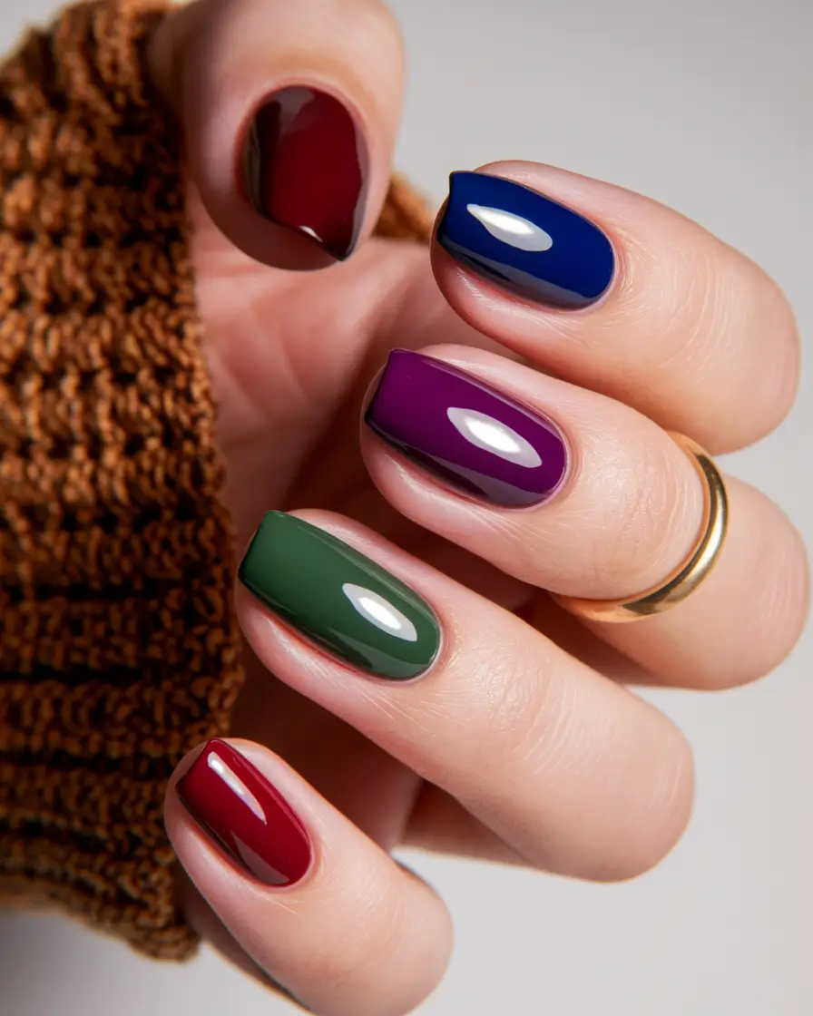 Short and Long Fall Acrylic Nails Ideas 2025 Color-Blocked Autumn Rainbow