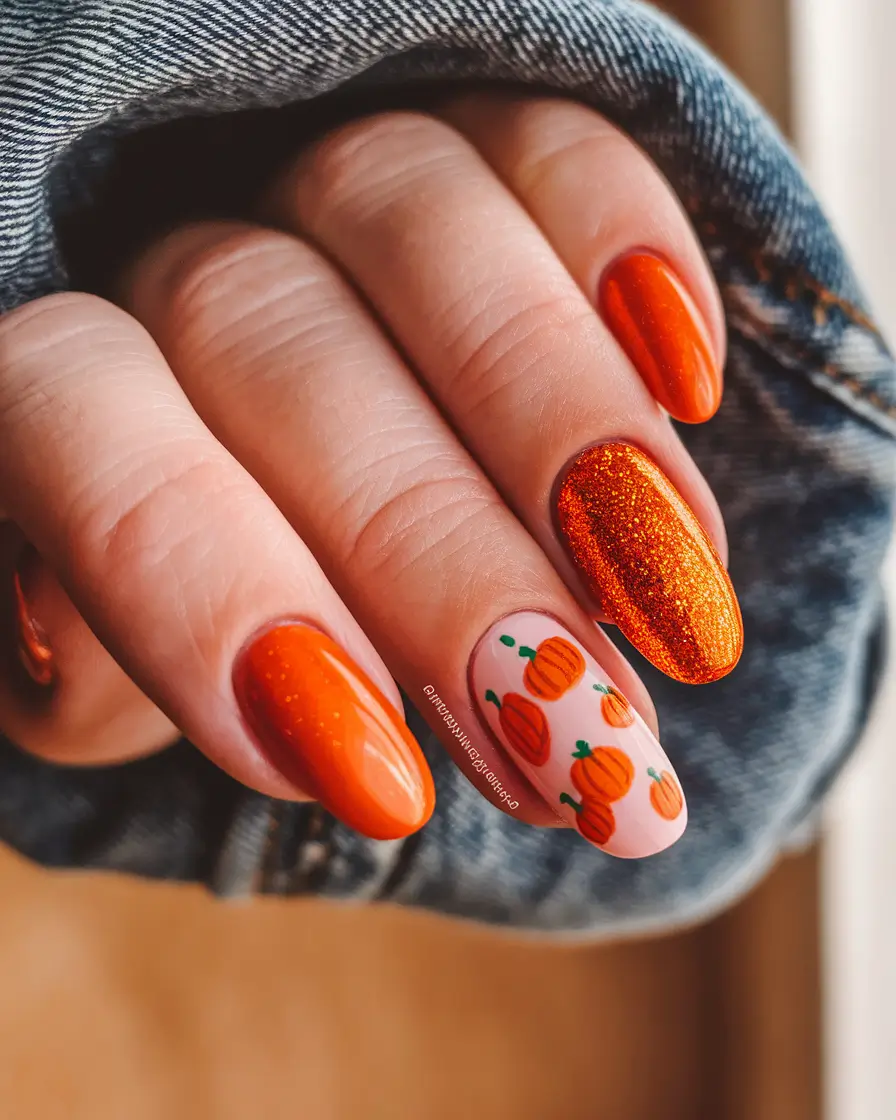 Short and Long Fall Acrylic Nails Ideas 2025 Glitter Pumpkins and Spiced Orange