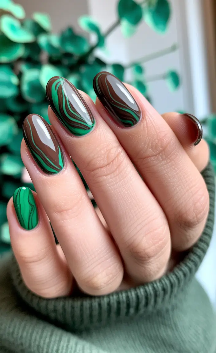 Short and Long Fall Acrylic Nails Ideas 2025 Dark Chocolate and Green Marble