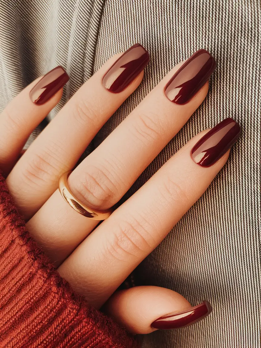 Short and Long Fall Acrylic Nails Ideas 2025 Warm Cinnamon Gloss on Soft Squares