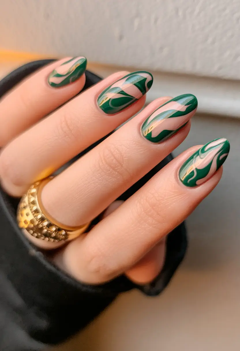 Short and Long Fall Acrylic Nails Ideas 2025 Deep Green Marble with Nude Accents