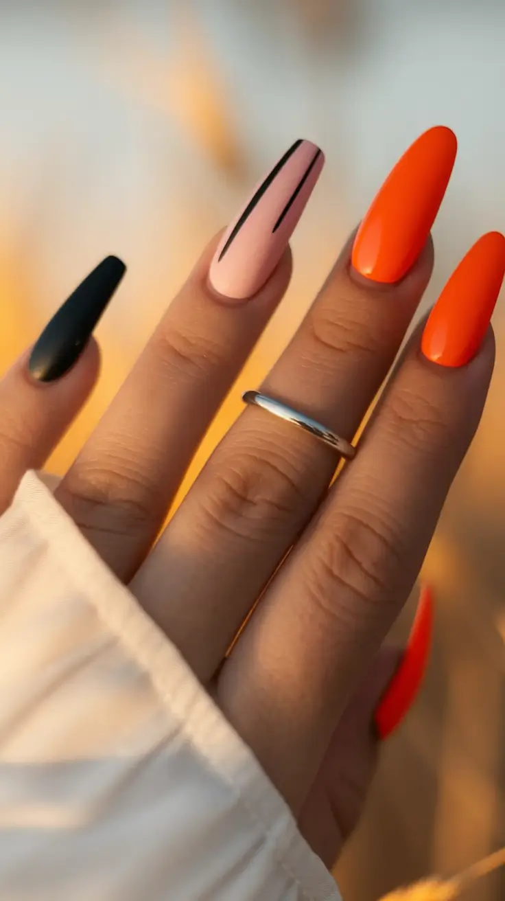 Short and Long Fall Acrylic Nails Ideas 2025 Graphic French with Orange Power