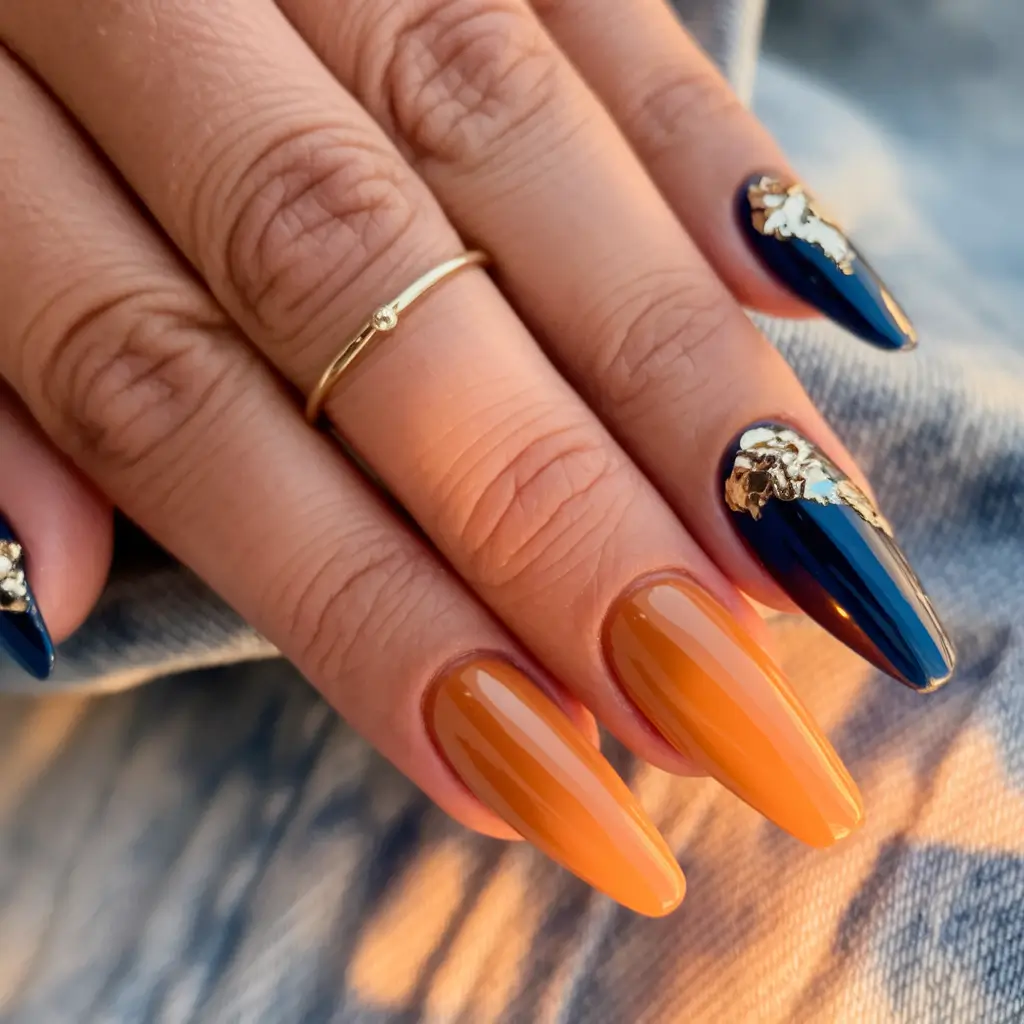 Short and Long Fall Acrylic Nails Ideas 2025 Moody Navy and Caramel Mix with Gold Accents