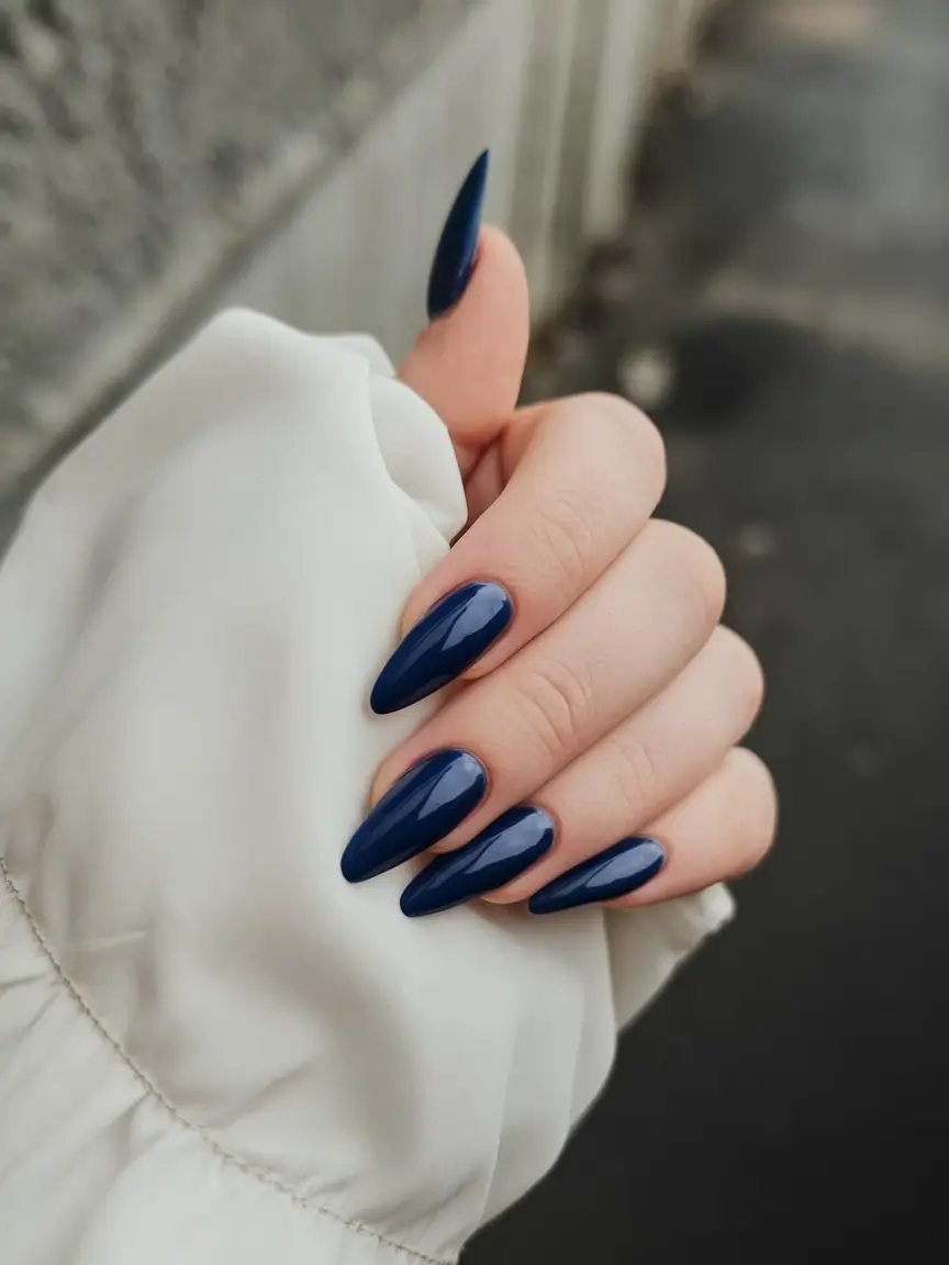 Short and Long Fall Acrylic Nails Ideas 2025 Deep Glossy Navy Almonds