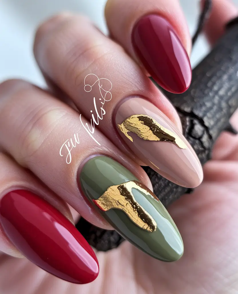 Short and Long Fall Acrylic Nails Ideas 2025 Bold Earth Tones with Gold Leaf Detail