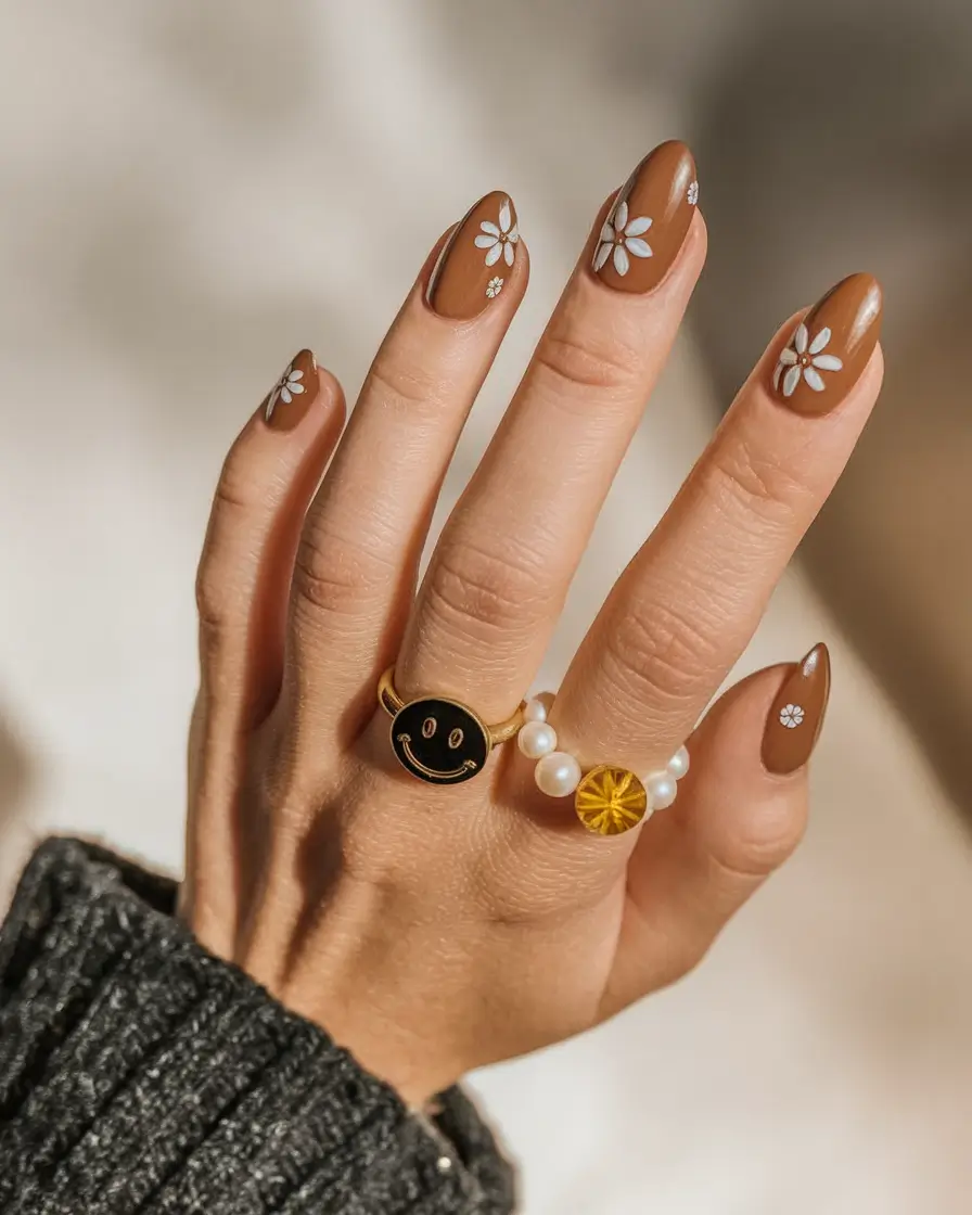Stylish Brown Fall Nails 2025 Floral Brown Whimsy