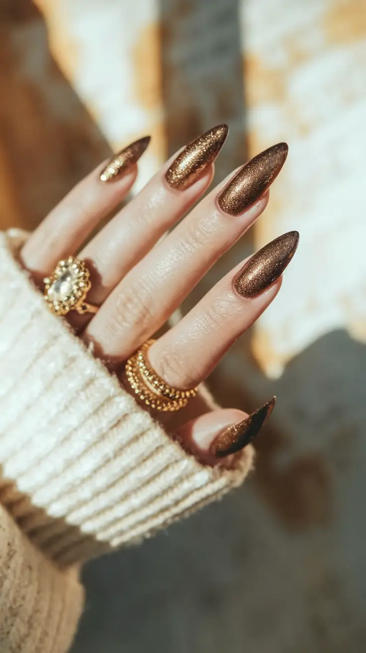Stylish Brown Fall Nails 2025 Golden Sparkle Drama