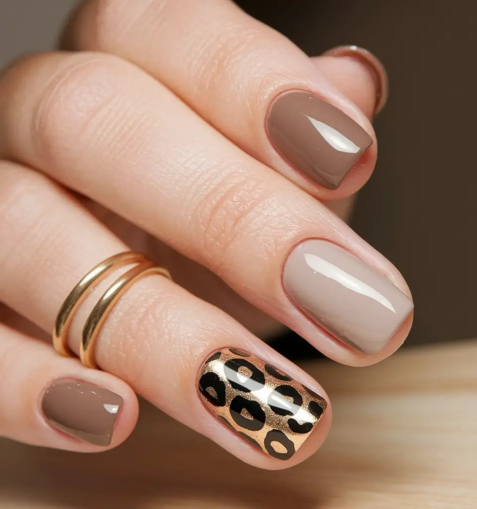 Stylish Brown Fall Nails 2025 Neutral Chic with Leopard Accent