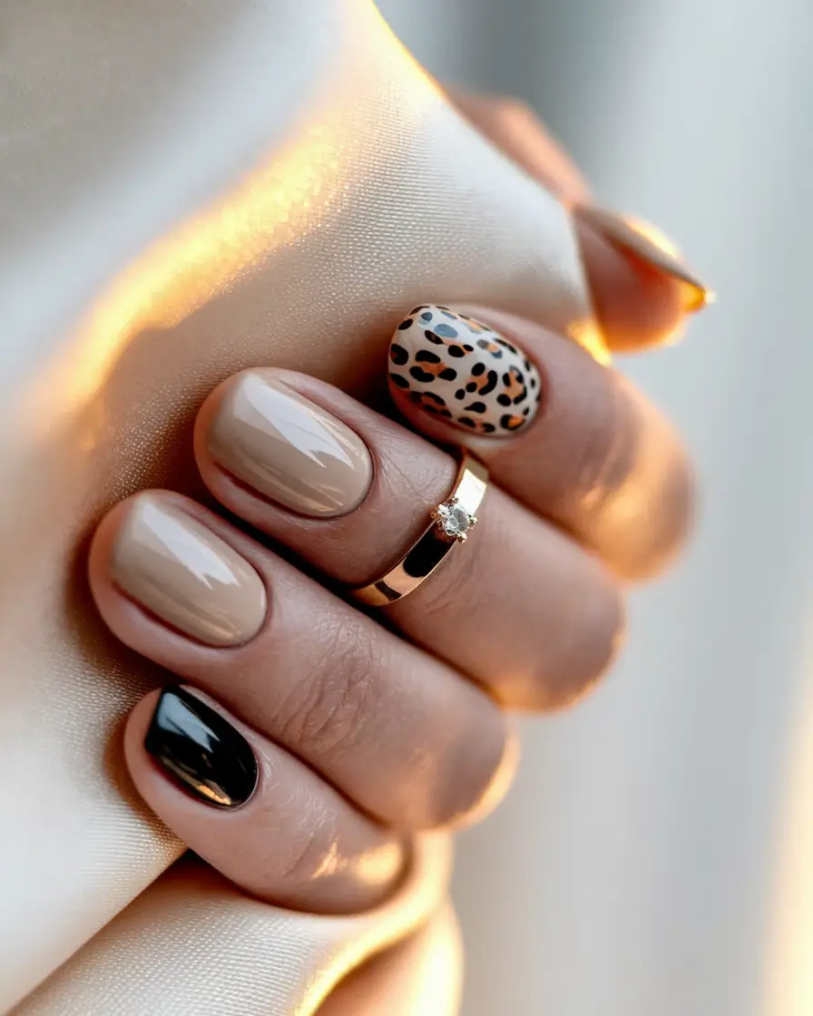 Stylish Brown Fall Nails 2025 Beige Meets Black with Leopard Twist