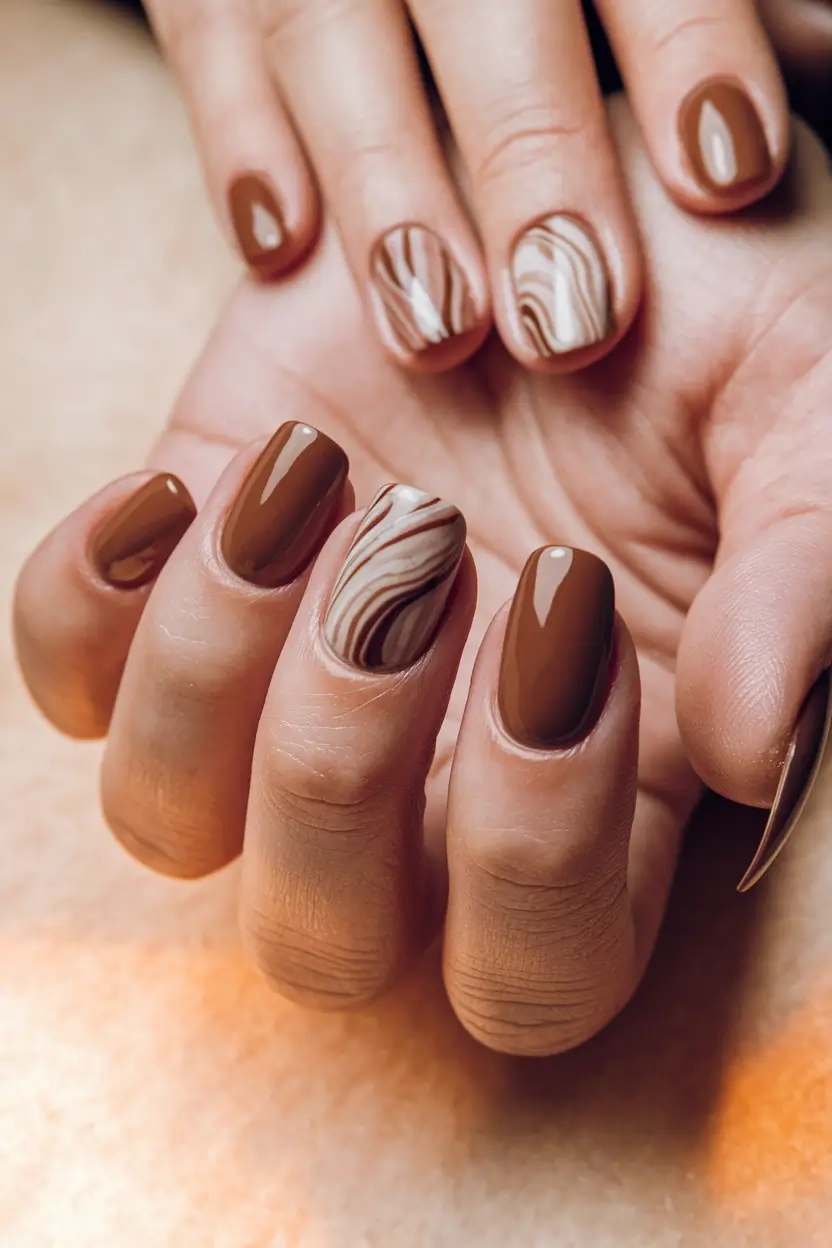 Stylish Brown Fall Nails 2025 Marble Mocha Mix