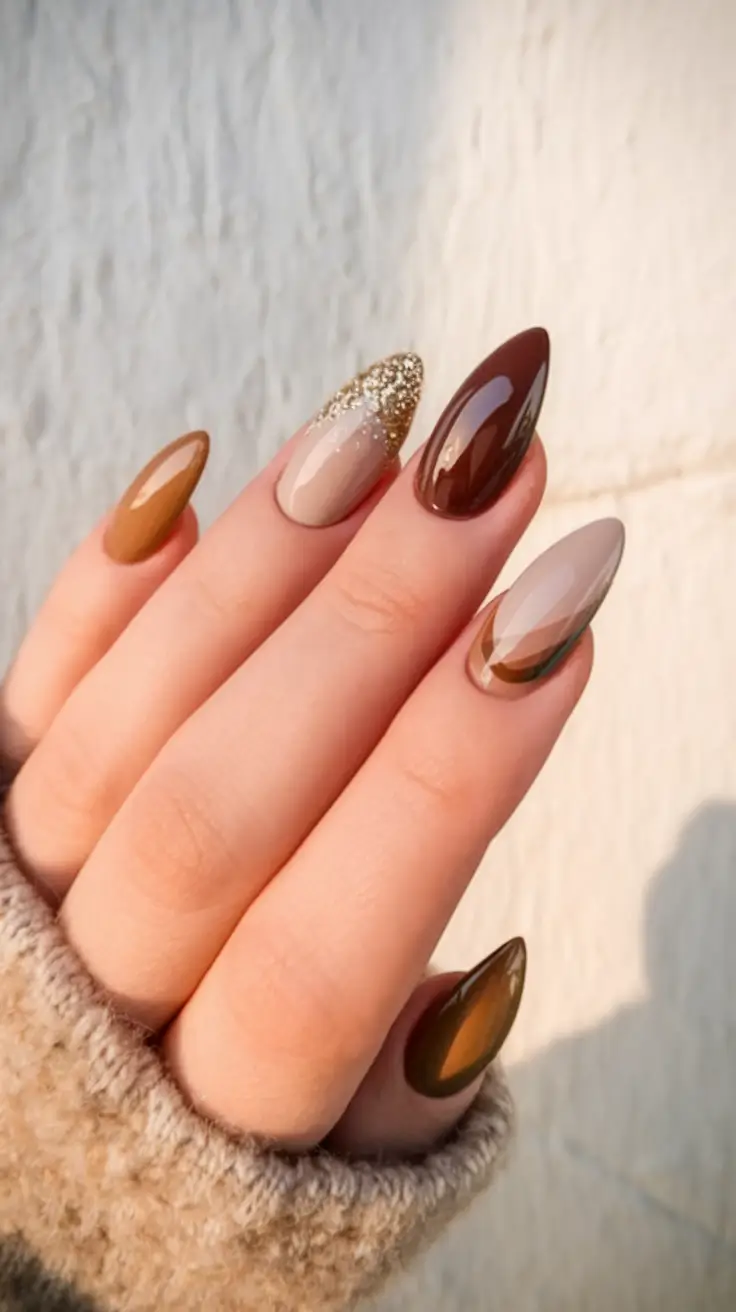 Stylish Brown Fall Nails 2025 Almond Elegance with Golden Touch