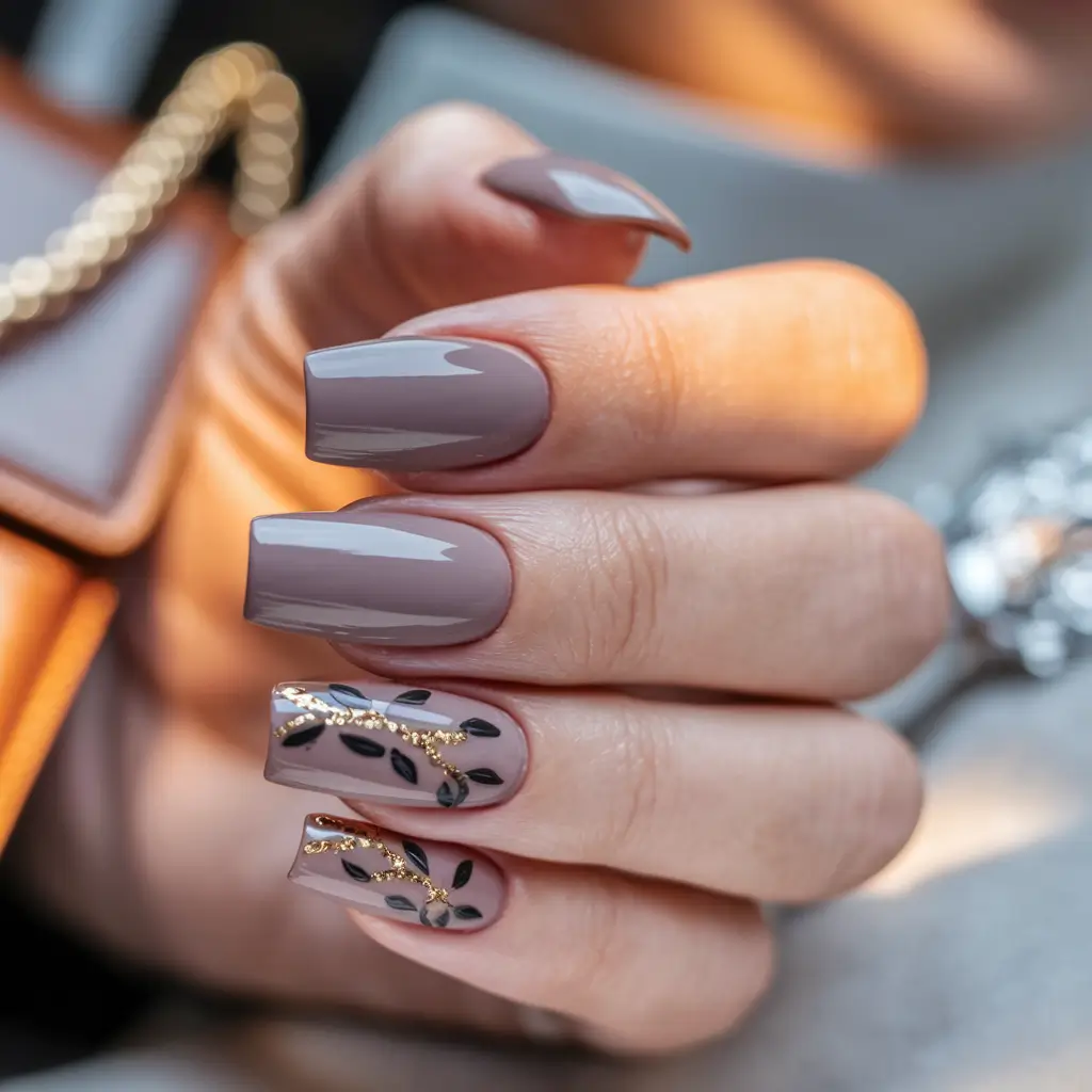Stylish Brown Fall Nails 2025 Soft Taupe with Leaf Embellishments