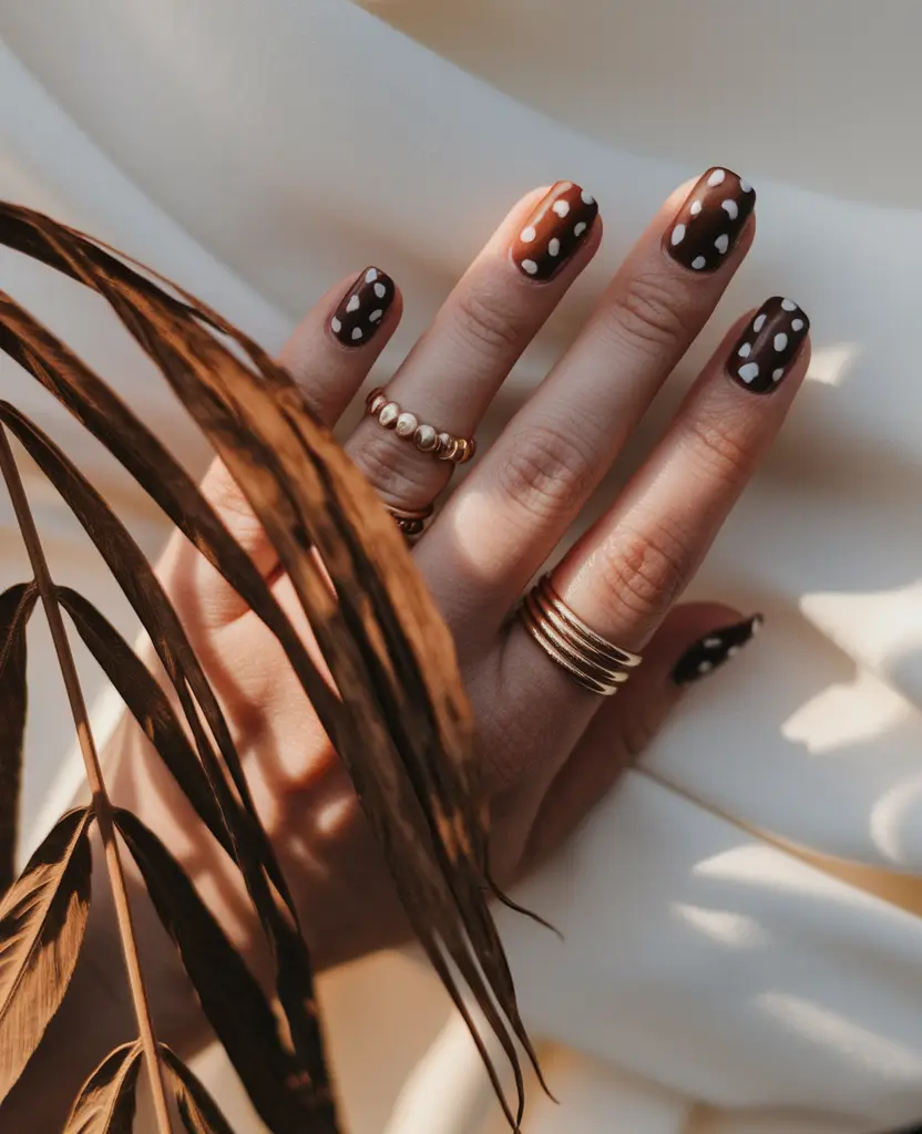 Stylish Brown Fall Nails 2025 Playful Polka Dot Charm